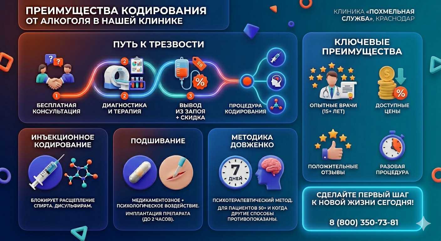 Инфографика о методах кодирования от алкоголя в Азове: инъекции, подшивание, метод Довженко. Преимущества клиники и этапы лечения.